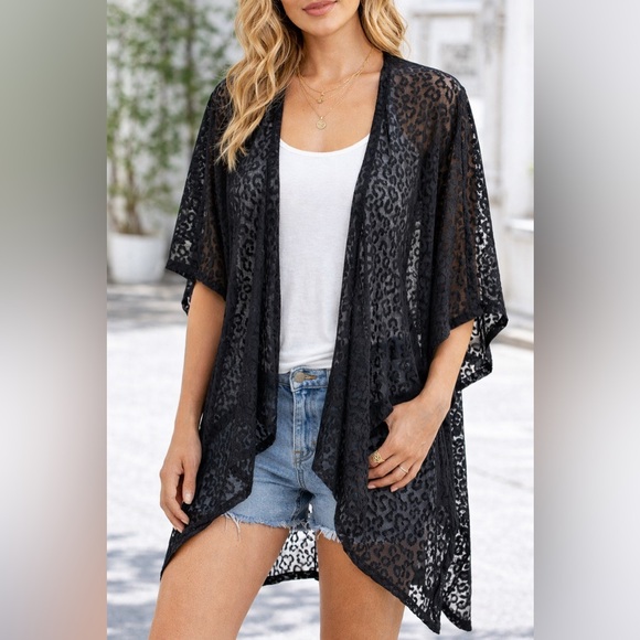 Betsey Johnson Sweaters - Betsey Johnson Black Leopard Lace Kimono Cardigan OSFM Sheer